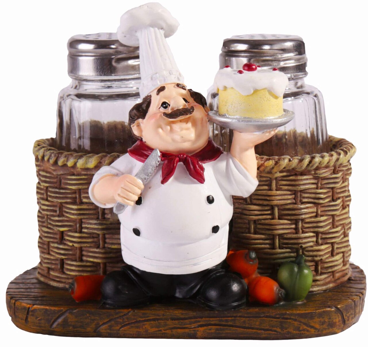 Salt and Pepper Shakers Set,Sitting Chef Decorative Statue Spice Organizer,Glass Spice Jars with Holder Figurine Gift for Family,Kitchen,Restaurant, Cafe,Bakery (Cake)